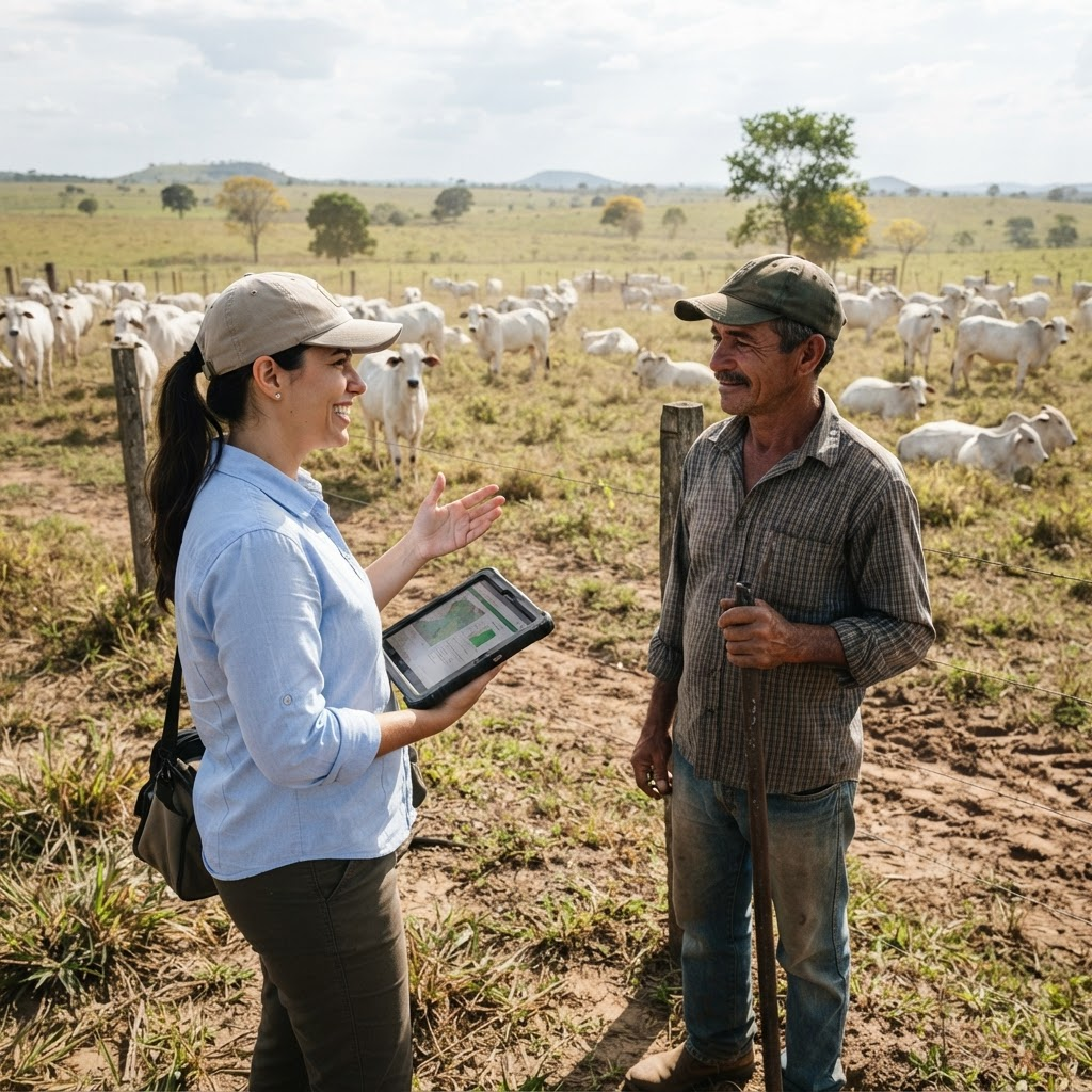Engenheiro agrônomo com tablet conversando com pecuarista em pastagem com gado nelore