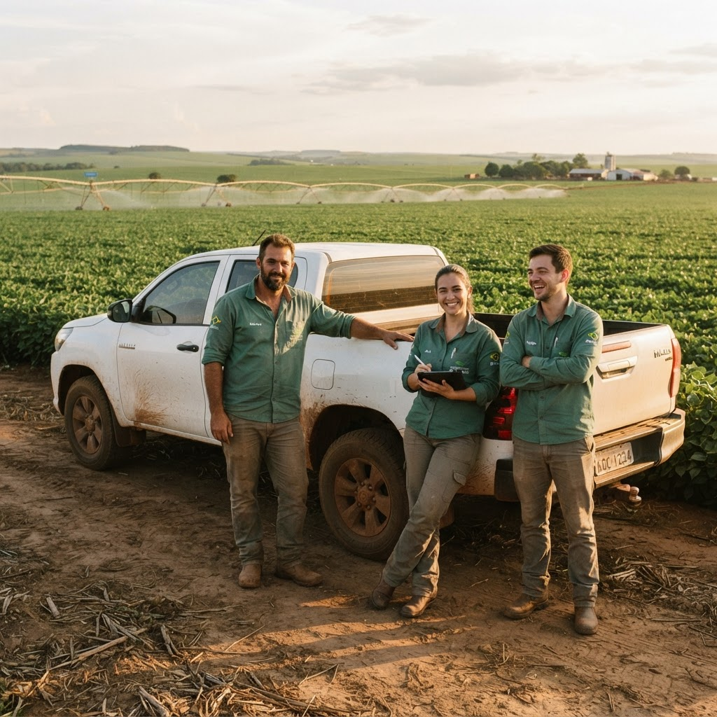 Equipe técnica da AgroSerras ao lado de camionete em área irrigada no fim da tarde