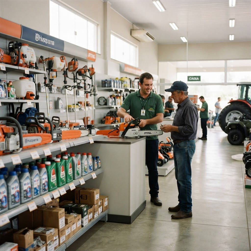 Loja de máquinas agrícolas com motosserras, roçadeiras e peças organizadas nas prateleiras